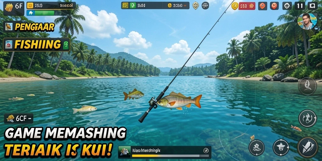 Screenshot gameplay 6CF menampilkan keindahan memancing di alam yang menakjubkan.