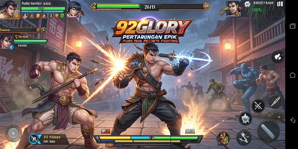 Screenshot utama 92GLORY menampilkan karakter bertarung dalam arena yang intens.