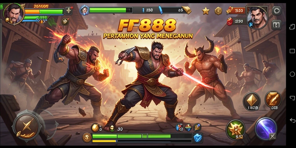 Tangkapan layar utama FC888 menampilkan pertarungan intens antar karakter.