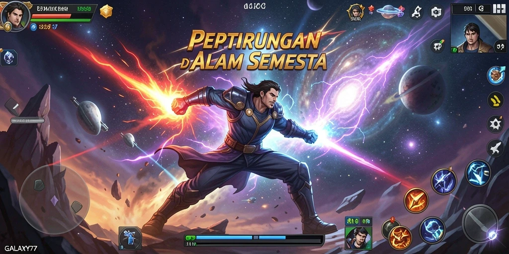 Tampilan gameplay intens dalam pertarungan GALAXY77 yang mendebarkan.