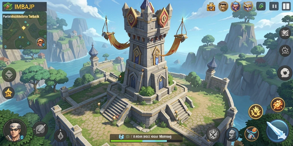 Tampilan gameplay dinamis dengan menara dan musuh dalam IMBAJP.