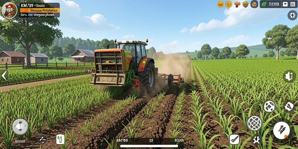 Screenshot gameplay KM789 yang menunjukkan aktivitas pertanian yang seru.