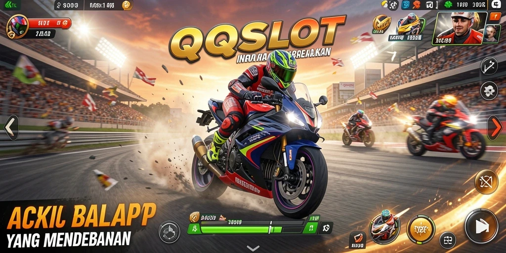 Screenshot gameplay QQSLOT yang menampilkan balapan motor yang seru.