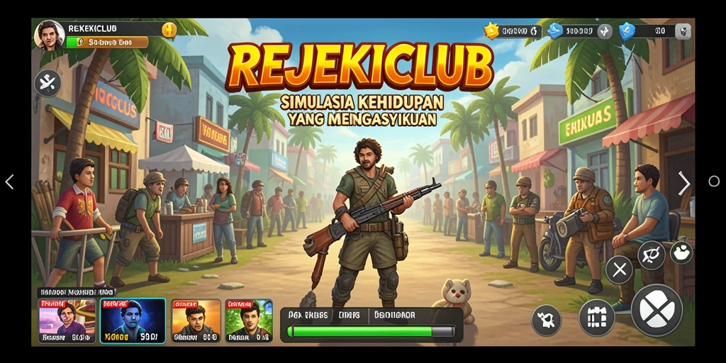Tampilan gameplay REJEKICLUB yang penuh warna dan interaktif.