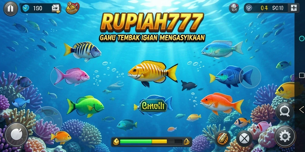 Screenshot gameplay RUPIAH777 dengan aksi menembak ikan.